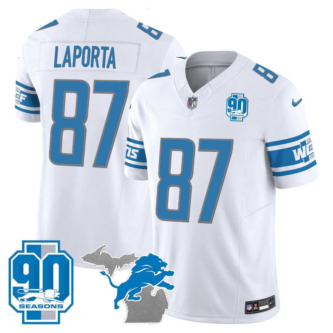 Men Detroit Lions 87 Laporta White 2024 Nike 90th Year Michigan Patch Vapor NFL Jersey